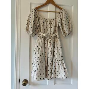 Sim & Sam Linen Blend Tufted Dot Puff Sleeve Cottagecore Mini Dress XS